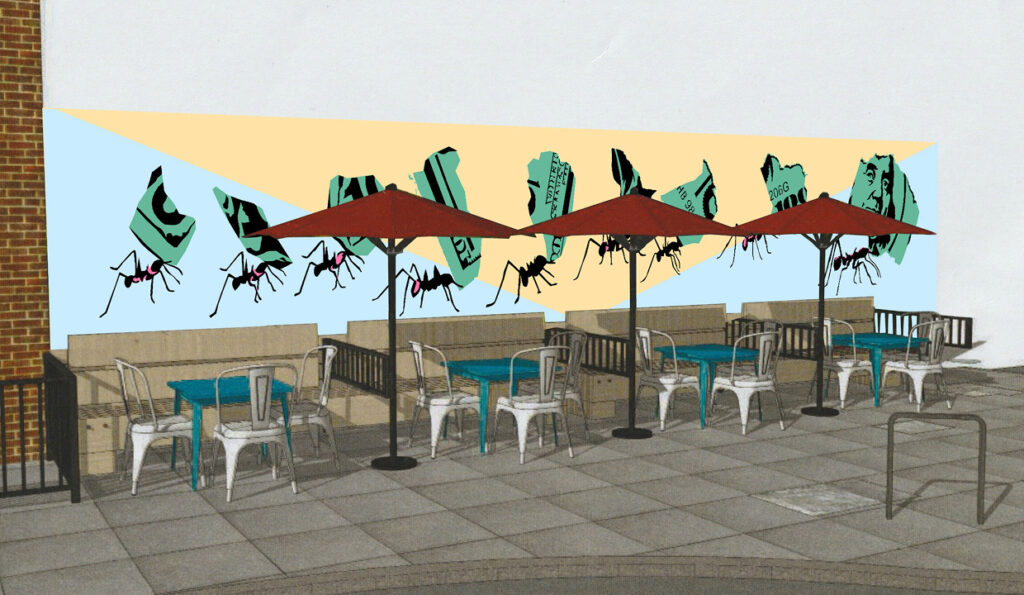 georgetown_013 digital version showing stencil mural, 9 leaf cutter cants carrying torn pieces of a hundred dollar bill