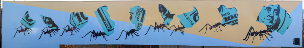 georgetown_014 panoramic view of stencil mural, 9 leaf cutter cants carrying torn pieces of a hundred dollar bill